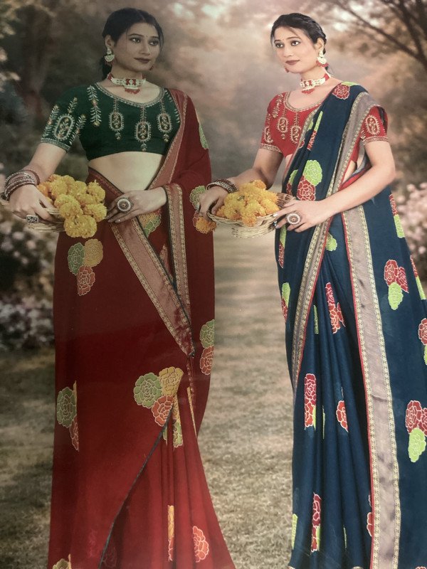 Shanvi- Embroidered georgette saree featuring floral motifs and a coordinating embroidered blouse
